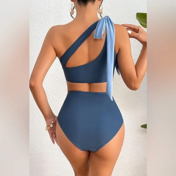 Herseas Women's One Bow Shoulder Bikini Sets 2 Piece Ruched Swimsuit - Picture 3 of 3